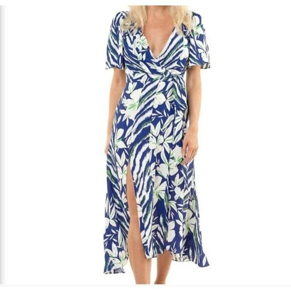 French Connection V-Neck Surplice Side Tie Wrap Midi Dress Sz 4 Clement Blue NWT - Picture 3 of 8